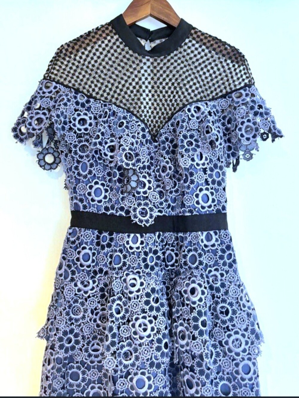 NWT Self-Portrait Sweetheart Yoke Frill Lace Midi Dress Slate Blue - Picture 9 of 16